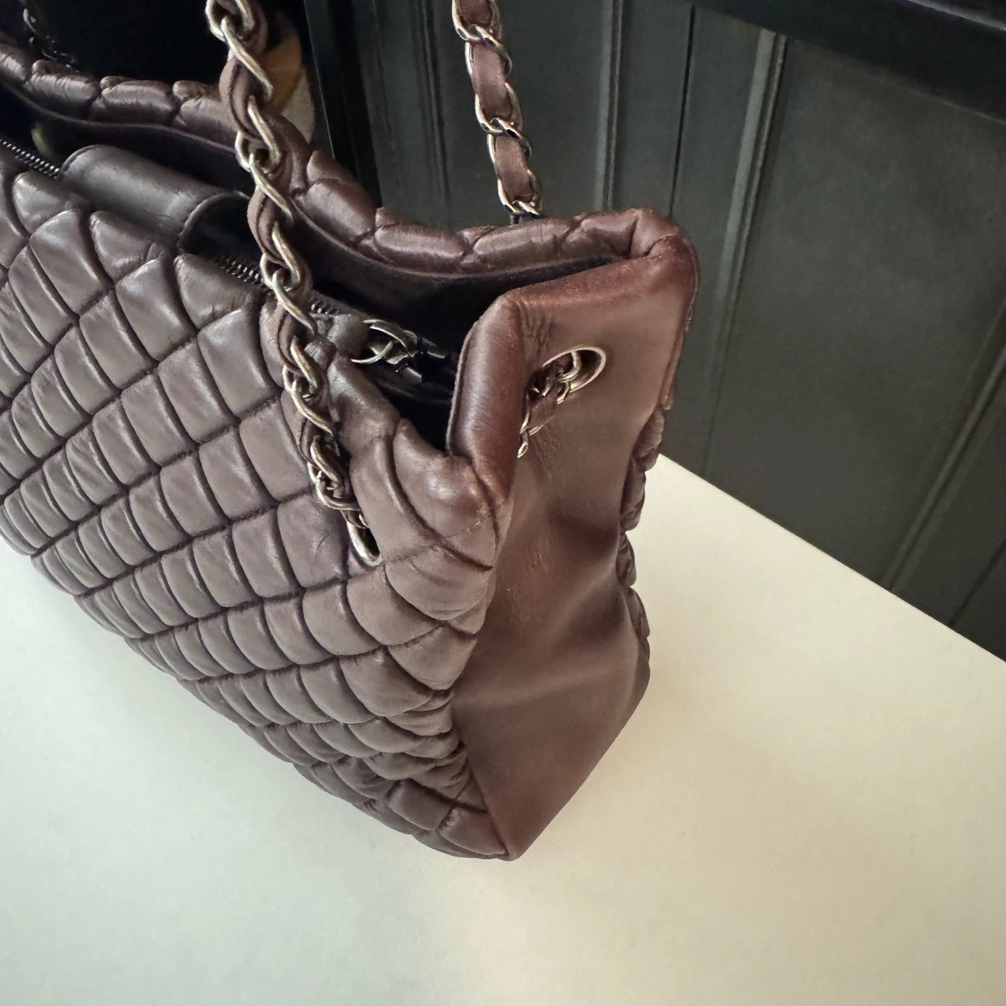Chanel Diamond Tote MM Chain Shoulder Bag Purple Silver Women Classic