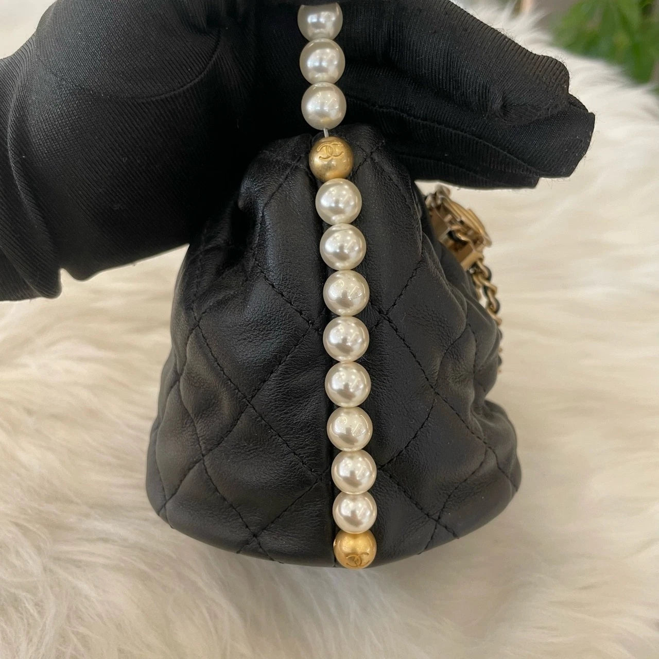 Chanel Mini Pearl Bucket Chain Crossbody Bag Black Gold Classic Women