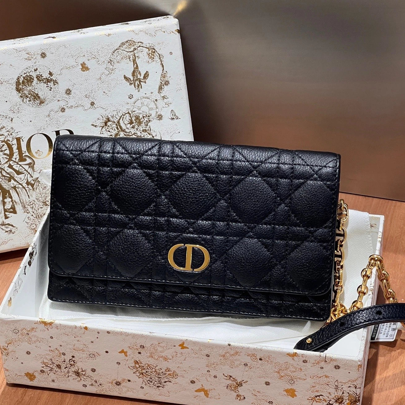 Excellent Christian Dior Caro Calfskin Long Black Wallet Chain Shoulder Bag GHW
