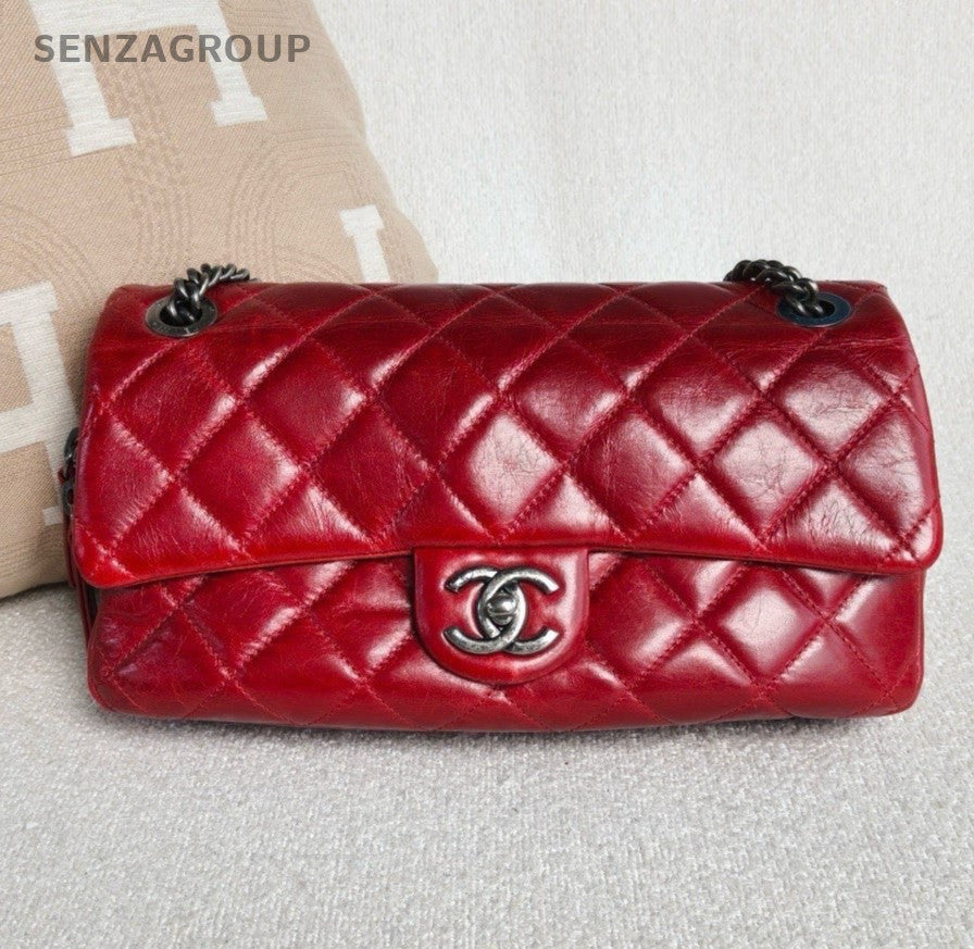Chanel Classic Flap Chain Shoulder Bag Crossbody Red Silver Used Women Diamond