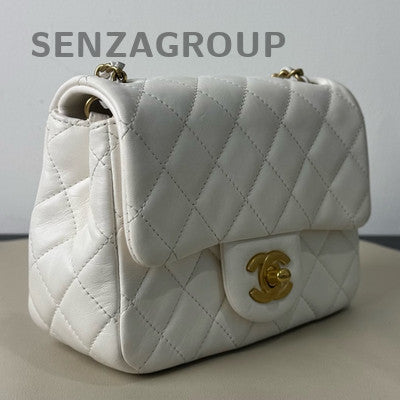 Chanel Classic Flap Bag White Gold Lamb Leather Chain Shoulder Crossbody