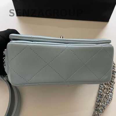 Chanel 22P Waterfall Chain Shoulder Bag Blue Silver Quilted