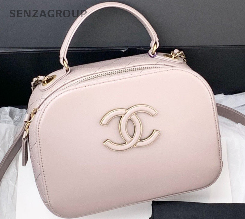 CHANEL PM Box Bag Calfskin Top Handle Shoulder Crossbody Bag Women Pink