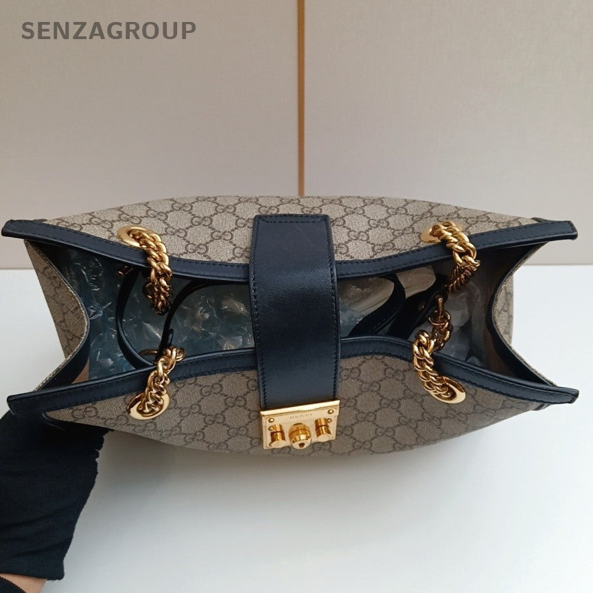 Gucci Padlock MM Chain Shoulder Bag Beige Black Gold Women Classic Fashion