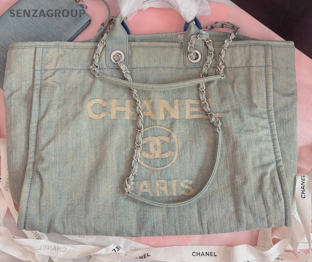 Chanel Denim Chain Beach Bag Shoulder Bag Blue Silver Women Classic Fashion