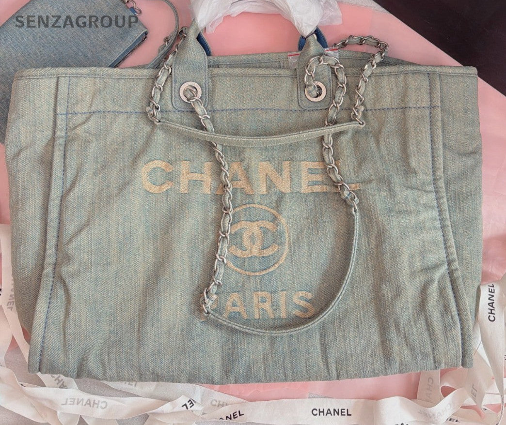 Chanel Denim Chain Beach Bag Shoulder Bag Blue Silver Women Classic Fashion