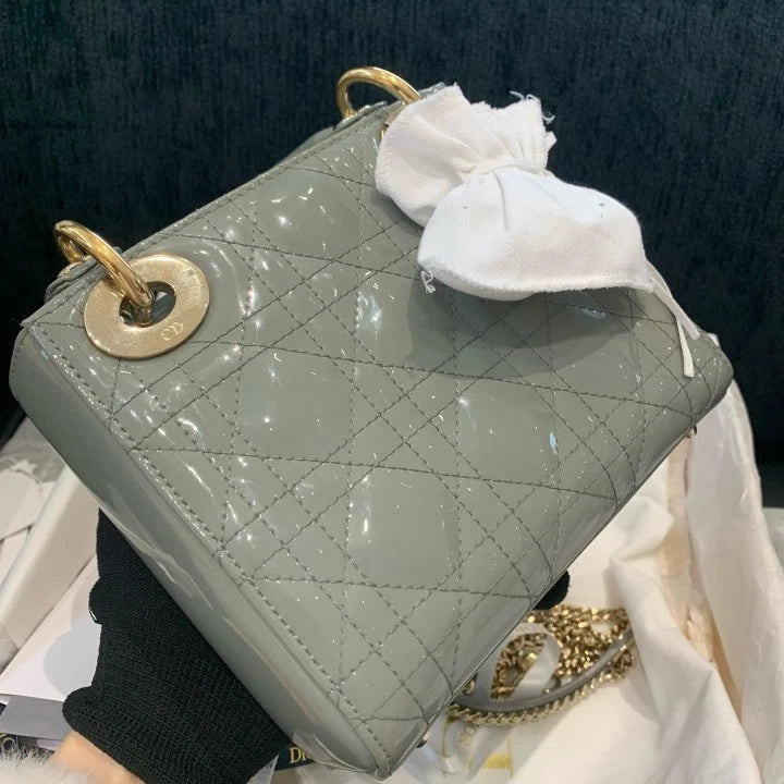 Christian Dior Lady Dior Patent Chain Crossbody Top Handle Bag Gray Gold Women D