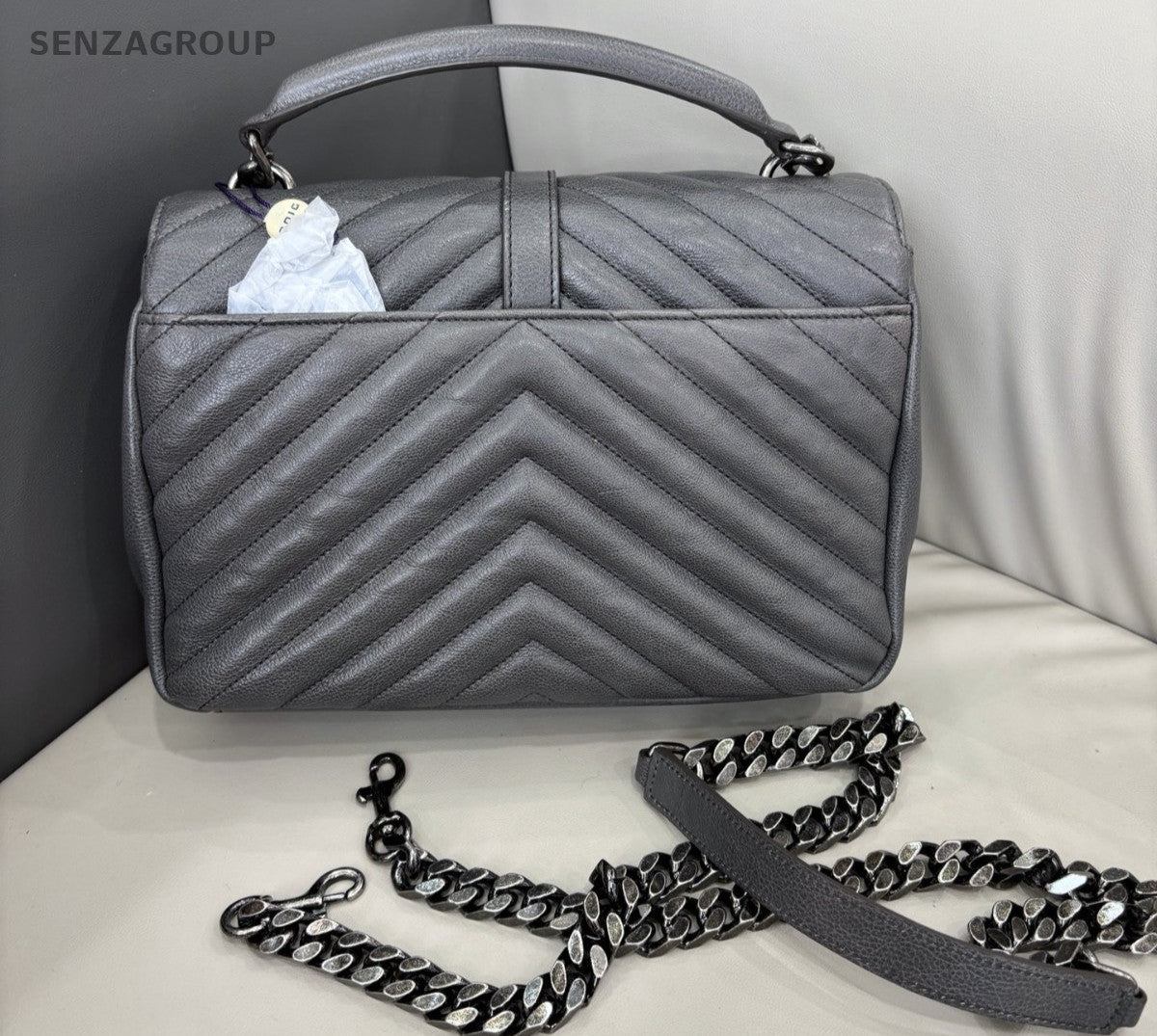YSL Saint Laurent College PM Top Handle 2way Chain Shoulder Handbag Grey Women