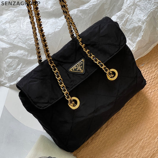 Prada Nylon Black Gold Chain Shoulder Crossbody Bag Classic Women