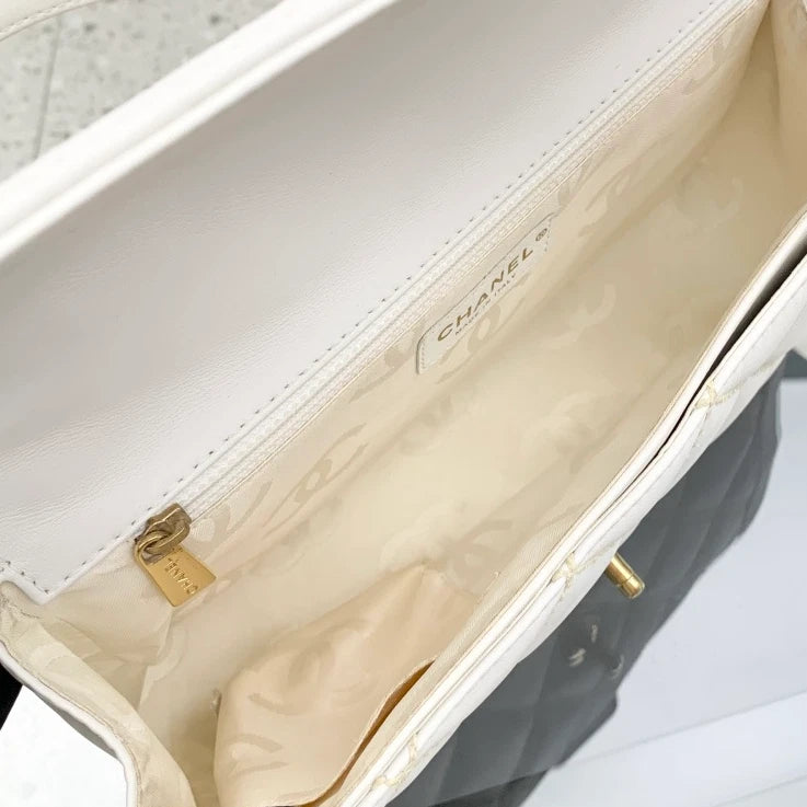 Chanel Calfskin Diamond Top Handle Shoulder Bag White Gold Hardware Women S