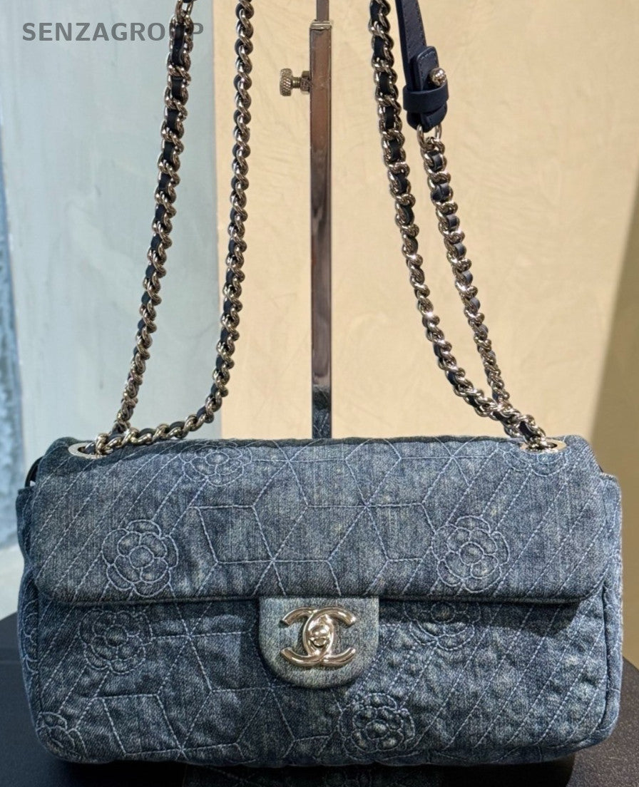 Chanel Classic Flap Denim MM Double Chains Shoulder Bag Blue Women Designer