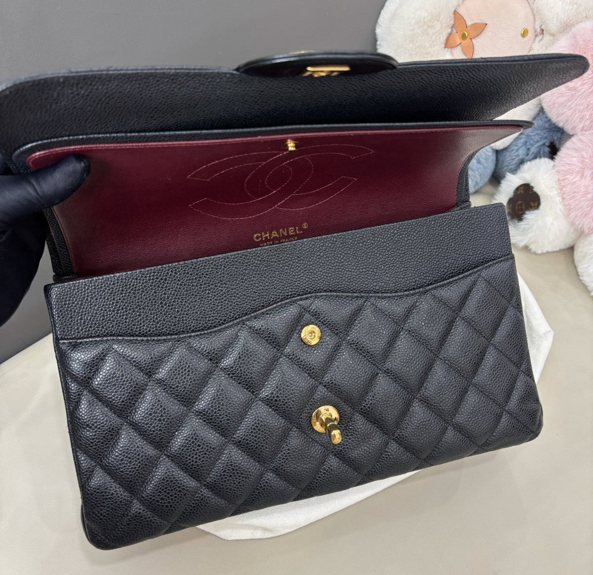 Chanel Classic Flap Jumbo Calfskin Chain Shoulder Bag Black Gold Women Fashion