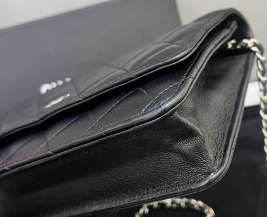 Chanel WOC Chain Lambskin Shoulder Bag Black Silver  Diamond Women Classic
