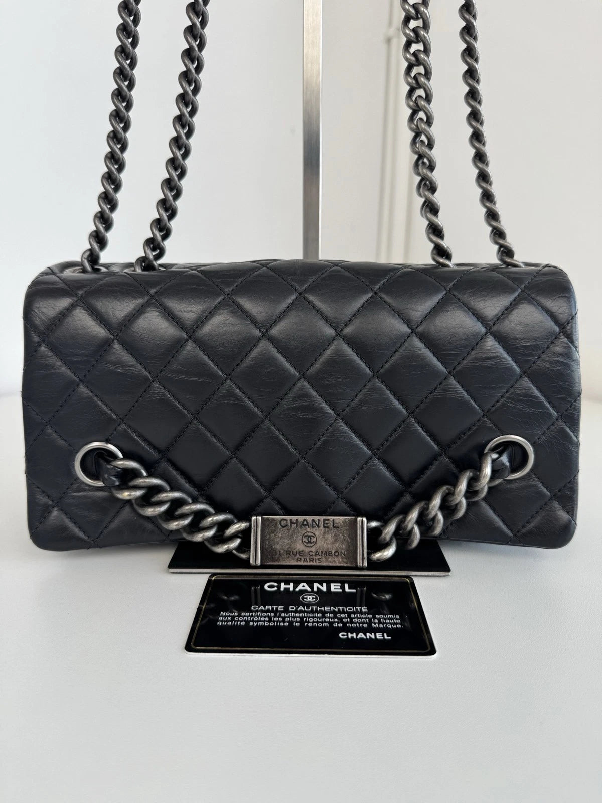 Chanel Classic Flap Cambon Chain Shoulder Bag Black Silver Women Diamond