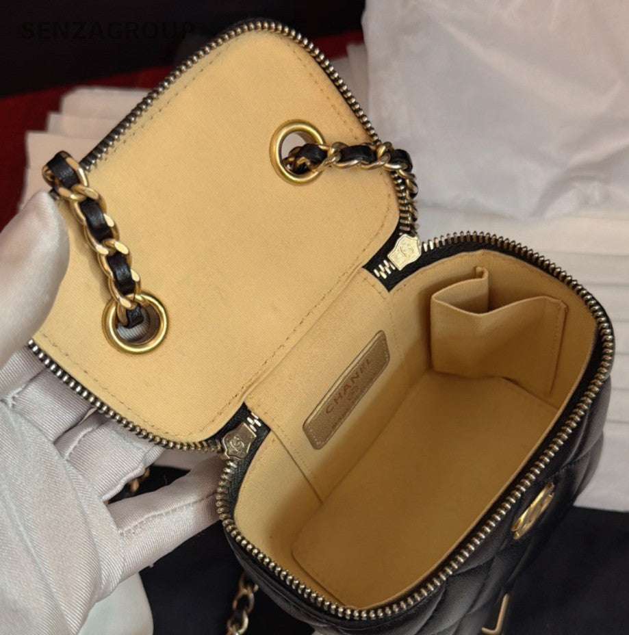 Chanel Box Chain Diamond Shoulder Bag Crossbody Black Gold Women Classic