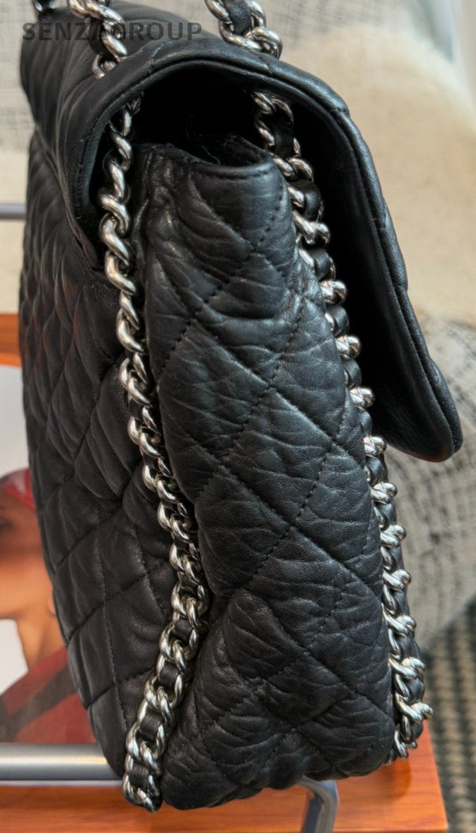 Chanel Calfskin Chain Shoulder Bag Black Silver Diamond Used Women Classic