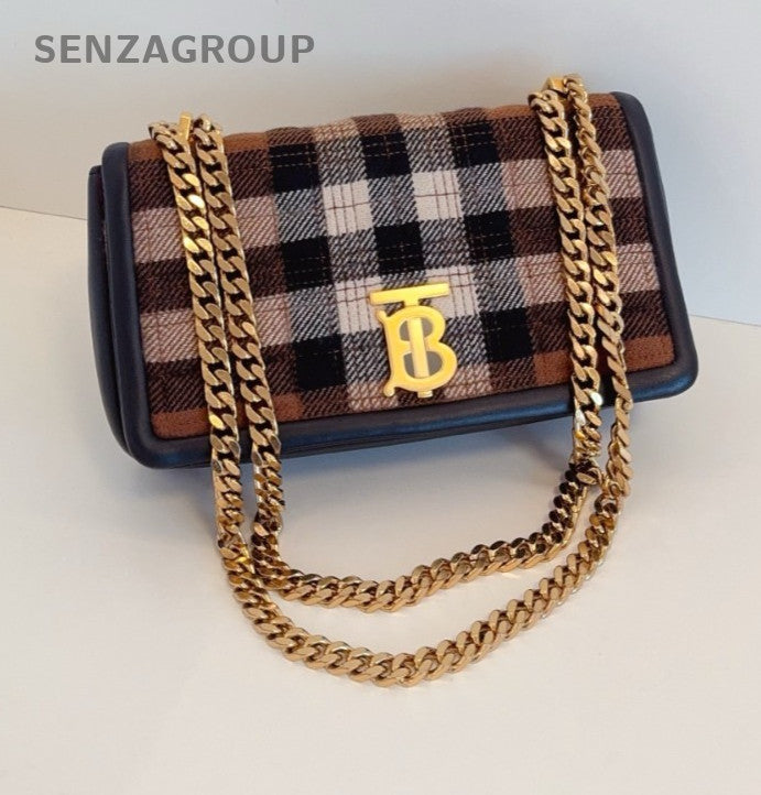 Burberry Lola British check pattern Chain Shoulder bag Women Brown Gold