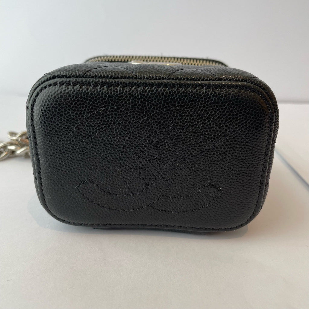 Chanel Vanity Case Mini Calfskin Chain Shoulder Bag Crossbody Black Silver Women
