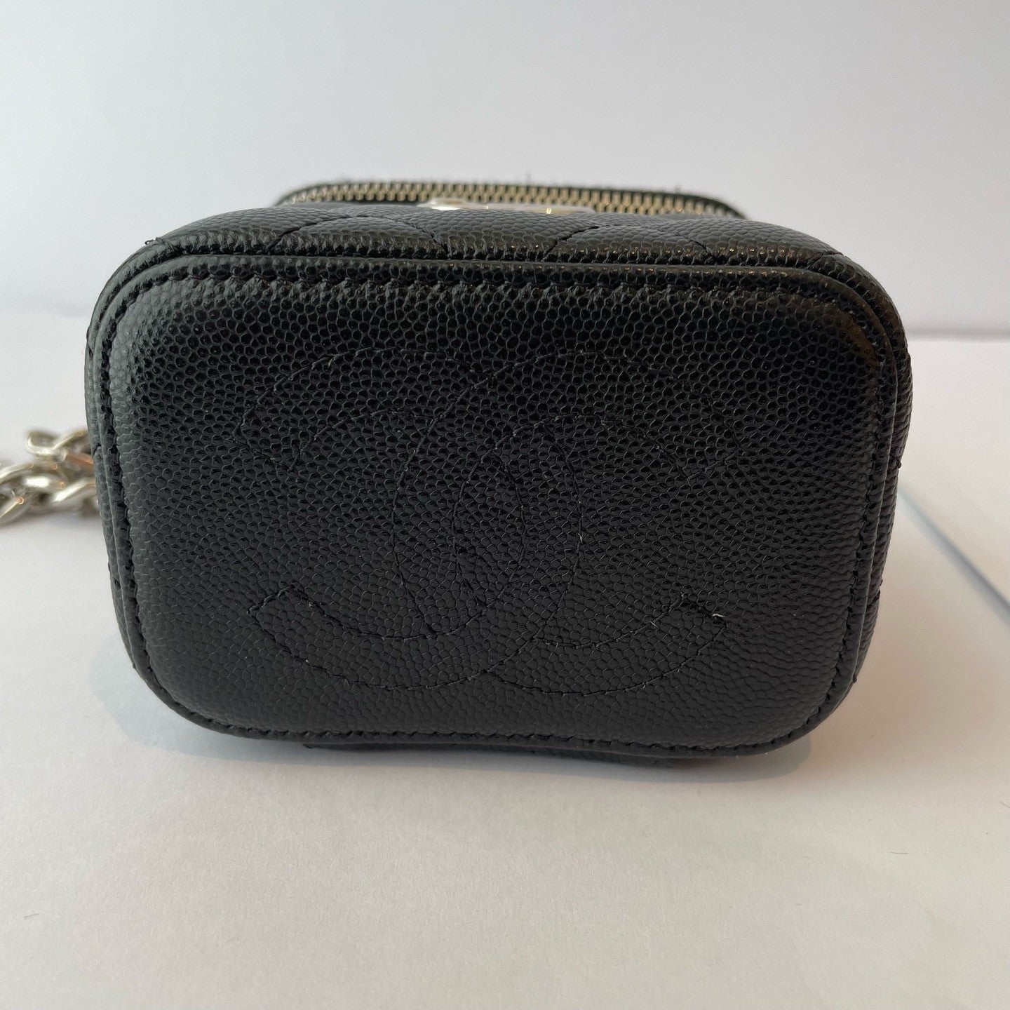 Chanel Vanity Case Mini Calfskin Chain Shoulder Bag Crossbody Black Silver Women