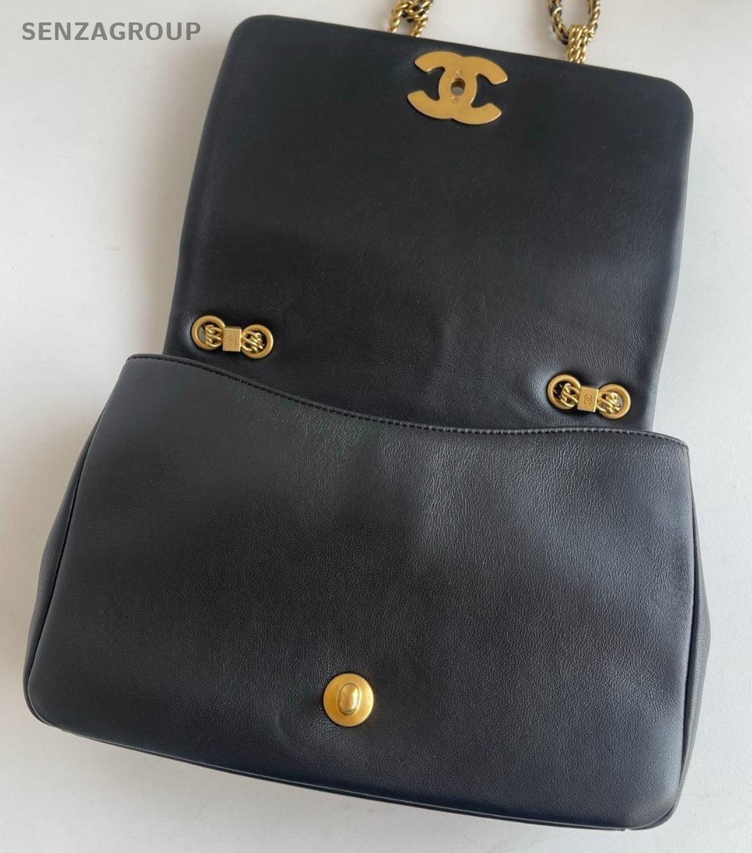 Chanel 22A Diamond Calfskin Chain Shoulder Bag Black Gold Women Classic