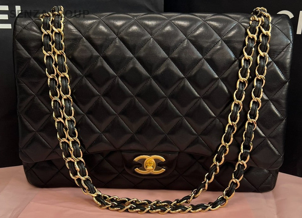 Chanel Classic Flap Maxi Lambskin Chain Shoulder Bag Black Gold Women Designer