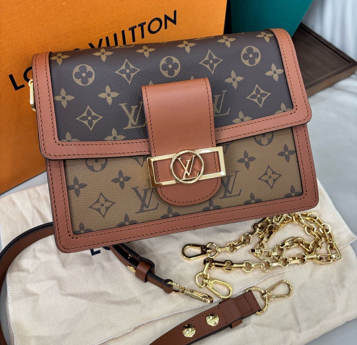 Louis Vuitton Dauphine MM Monogram Chain Shoulder Bag Crossbody Brown Gold Women