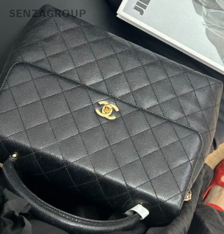 Chanel Vintage Kelly Caviar Leather Handbag Top Handle Bag Women Black