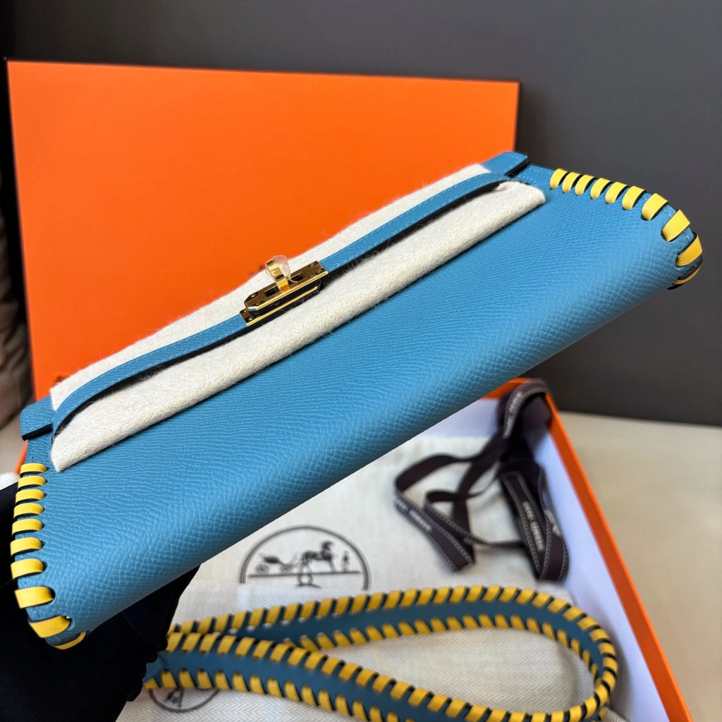 New Hermes Kelly To Go Tressage 2Way Blue Clutch Crossbody Gold Hardware