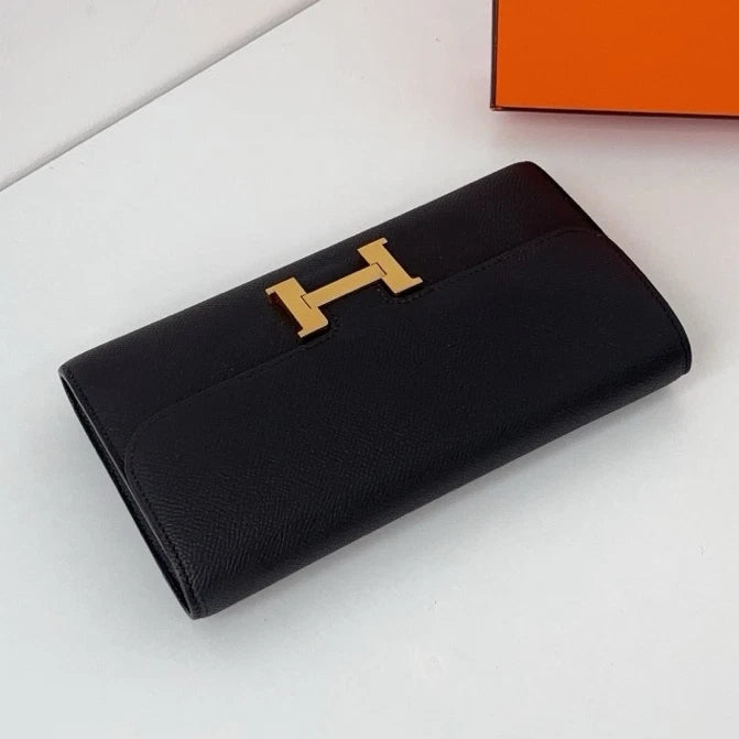 Hermes Constance Togo Epsom Leather Black Gold Clutch Shoulder Bag Crossbody