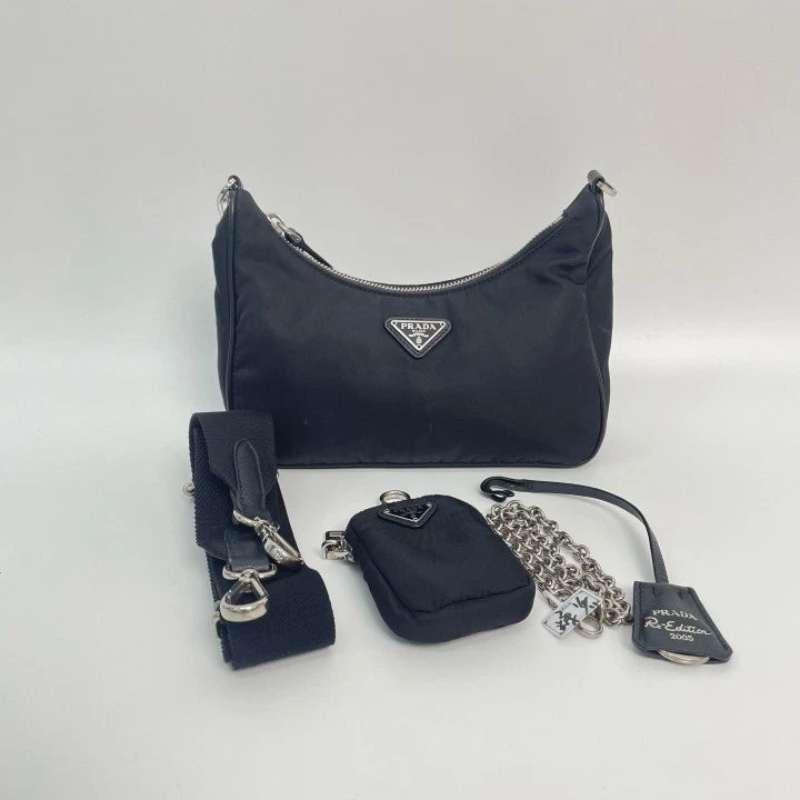 Prada Black Nylon Triangle Logo 3-in-1 Chain Shoulder Crossbody For Women