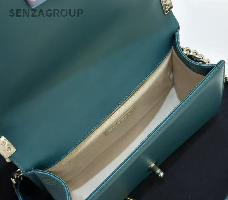Chanel Leboy MM Chain Shoulder Bag Crossbody Green Silver Diamond Women Classic