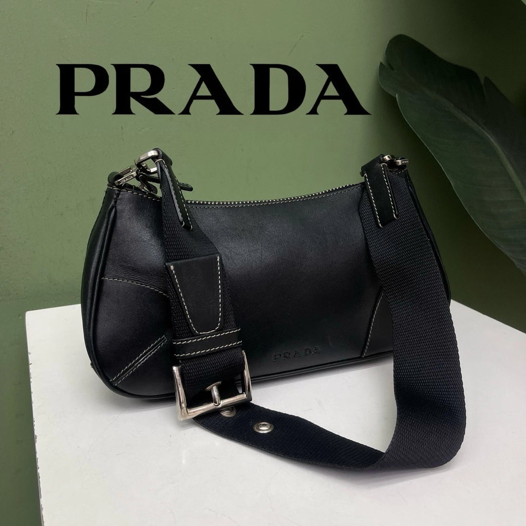 Prada Vintage Hobo Black Shoulder Bag Crossbody Bag Women