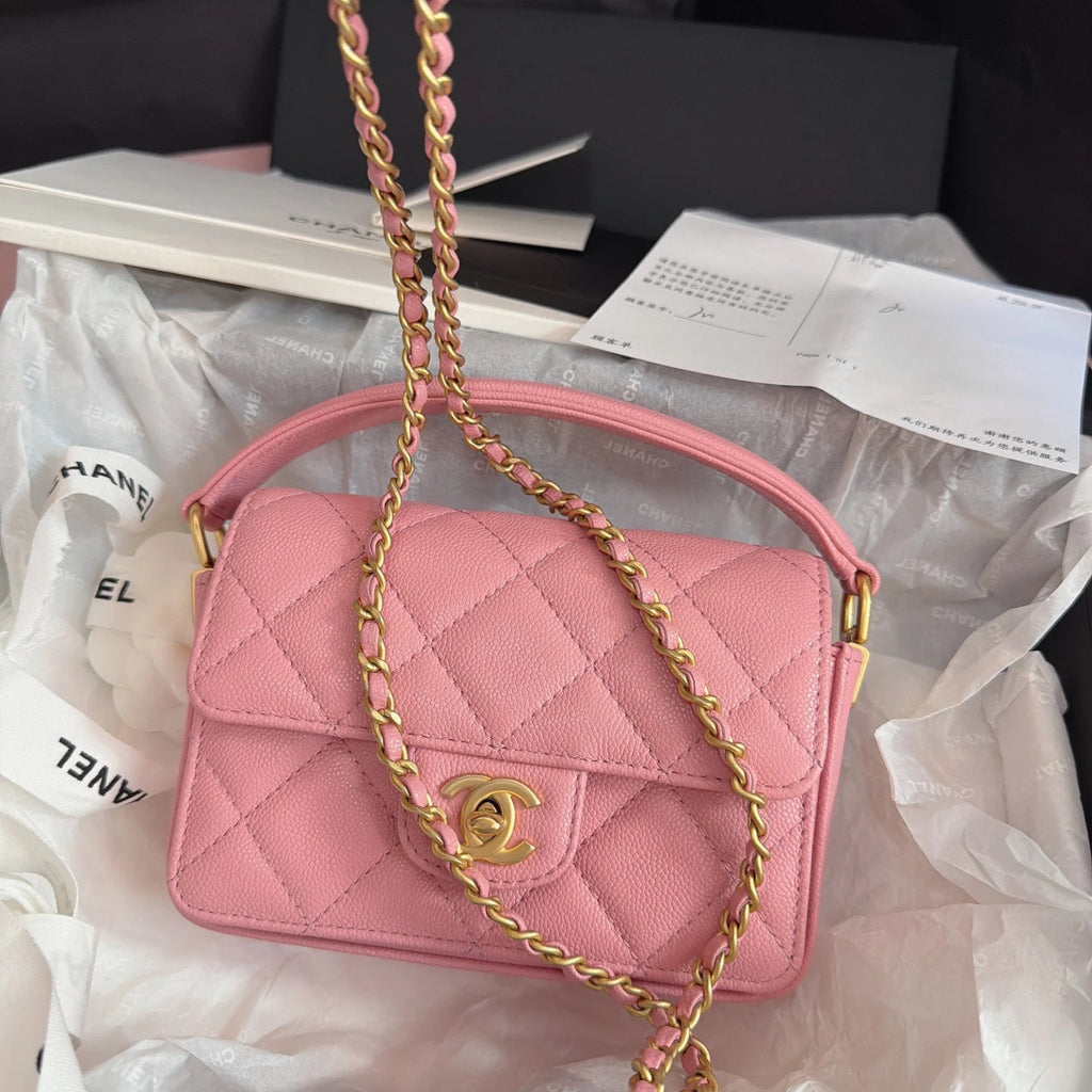 Chanel Classic Flap Chain Top Handle Crossbody Pink Gold Women Fashion Diamond