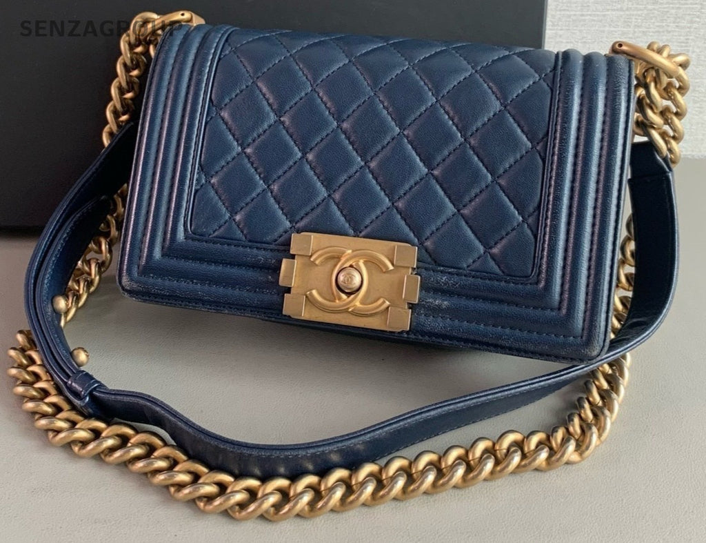 Chanel Le Boy PM Lambskin Chain Shoulder Crossbody Bag Navy Blue Women