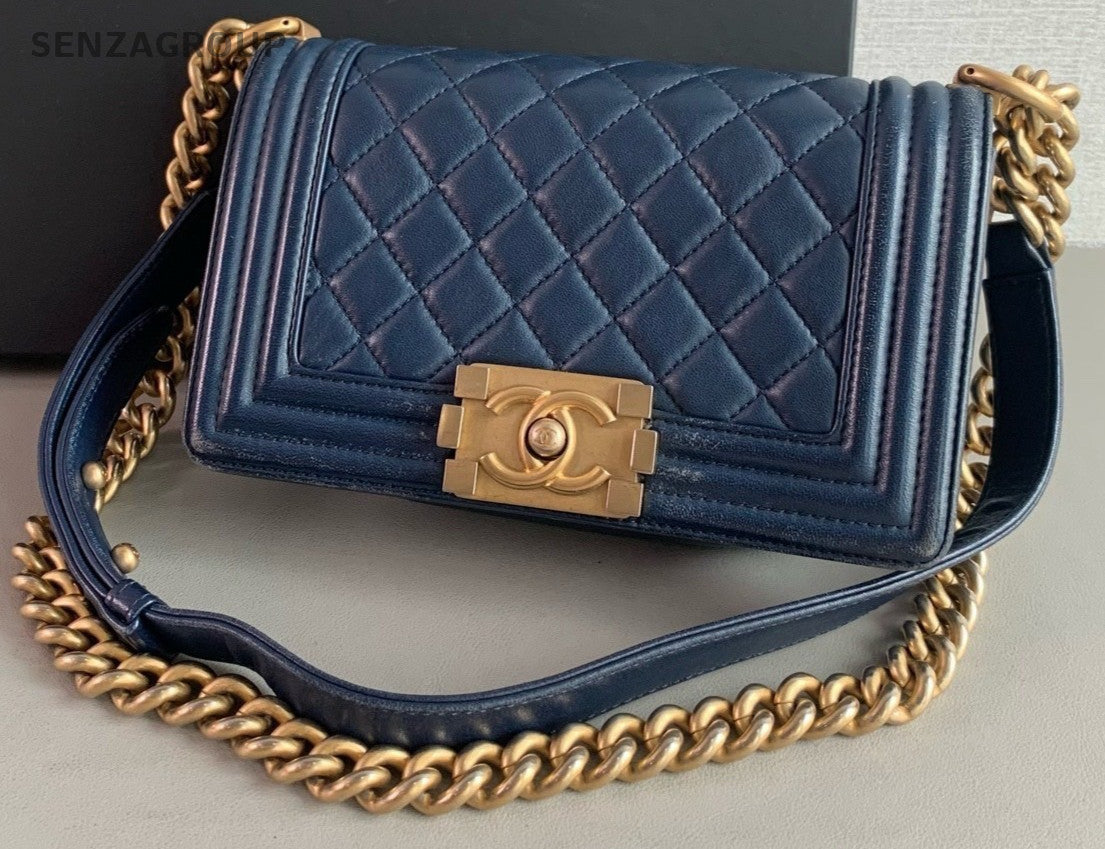 Chanel Le Boy PM Lambskin Chain Shoulder Crossbody Bag Navy Blue Women
