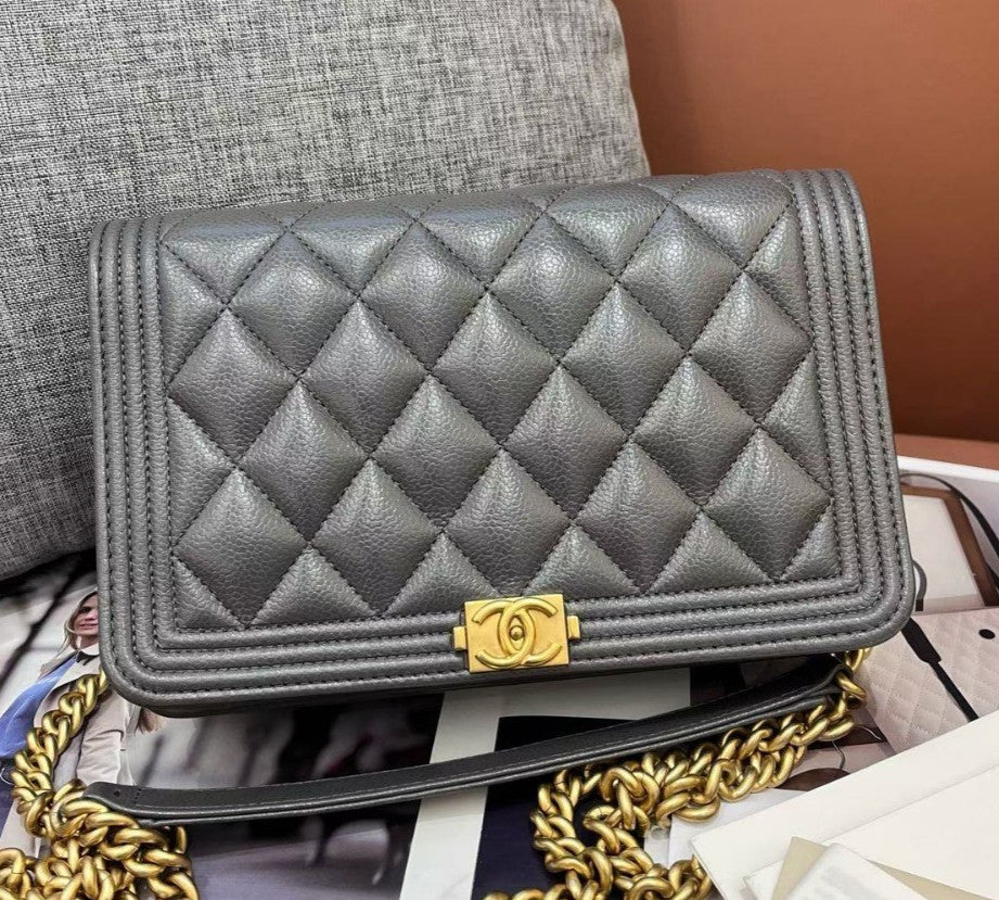 Chanel Leboy WOC Chain Shoulder Bag Crossbody Gray Gold Diamond Women Classic