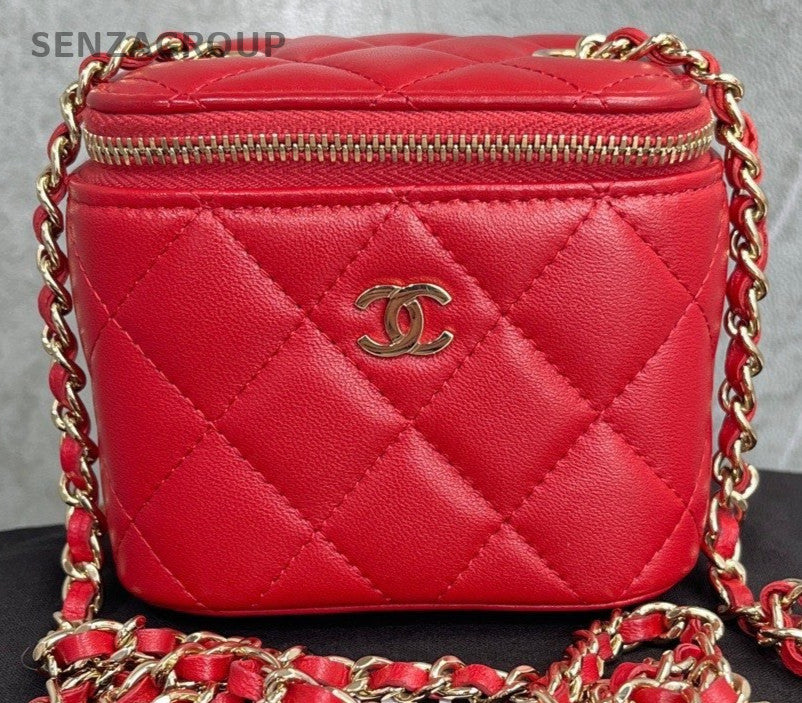 Chanel Lambskin Chain Shoulder Bag Crossbody Red Gold Used Women Classic