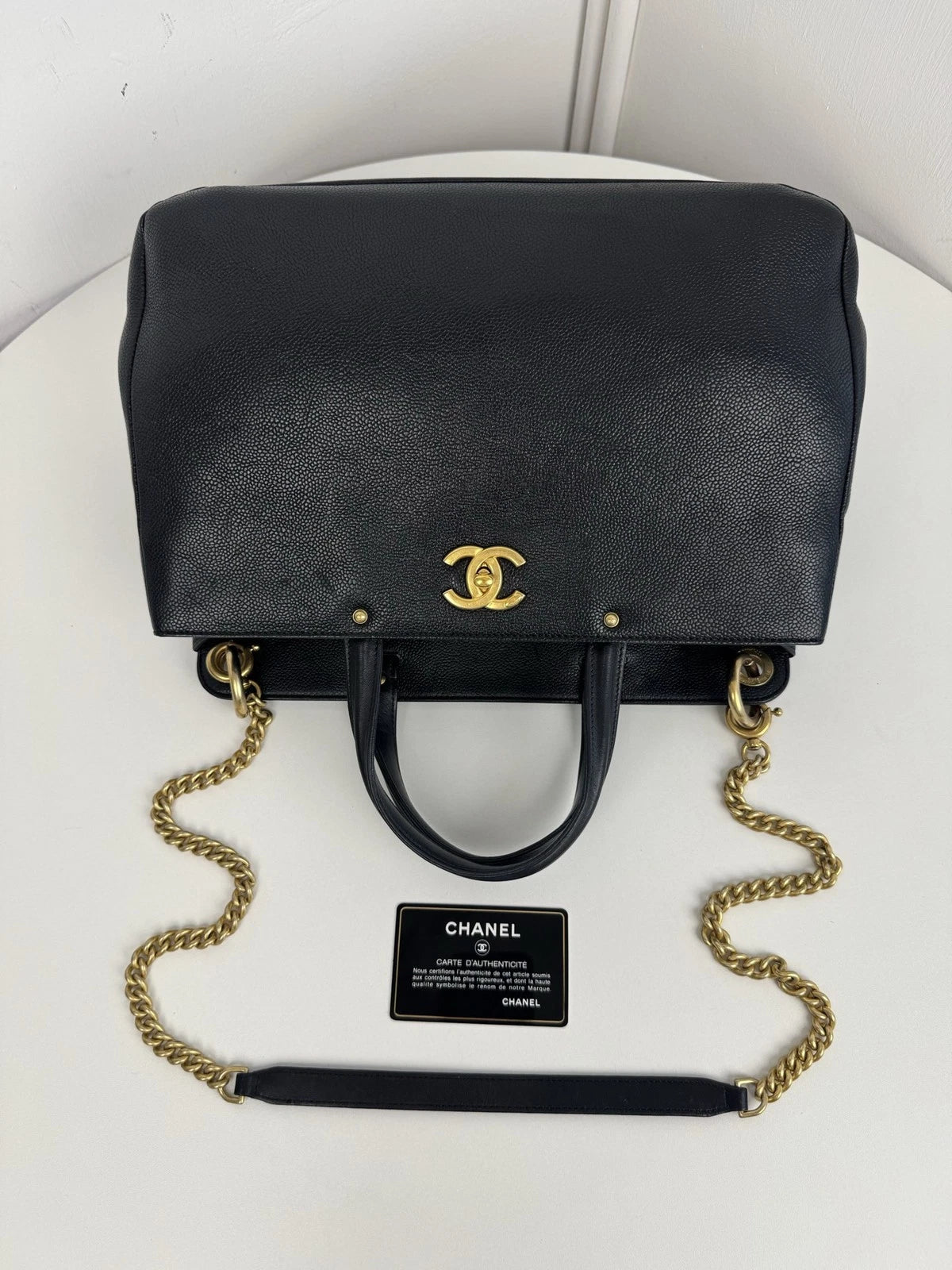 Authentic Chanel Calfskin Tote Black Handbag Gold Chain Shoulder Bag Turnlock