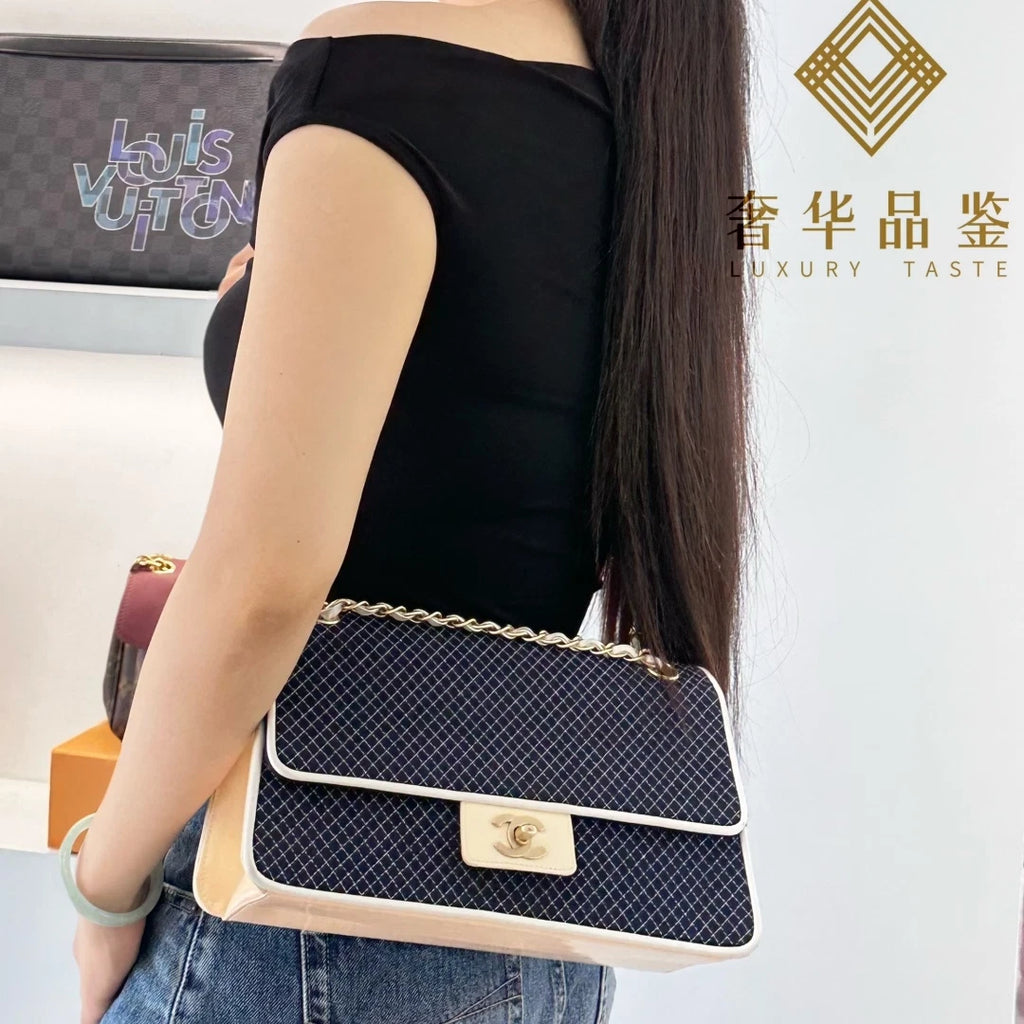 Chanel Classic Flap Grid Canvas Chain Shoulder Crossbody Blue White Gold Women