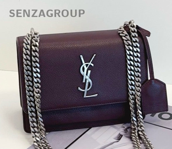 Saint Laurent Sunset Calfskin PM Chain Shoulder Bag Red Silver Women Classic