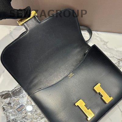 Vintage Hermes Box Leather Black Gold Shoulder Crossbody Bag Classic Women