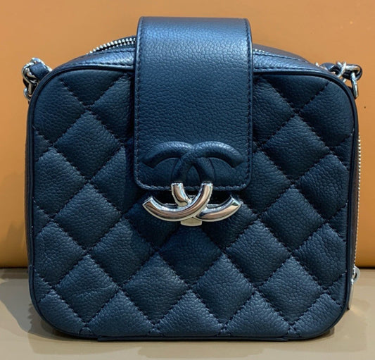 Chanel Calfskin Chain Shoulder Bag Black Silver Used Women Classic Diamond