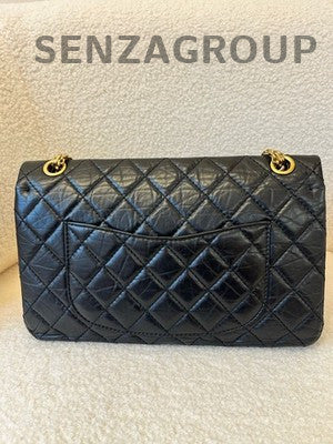 Chanel 2.55 Black Gold Quilted Vintage Calfskin Chain Shoulder Bag Medium