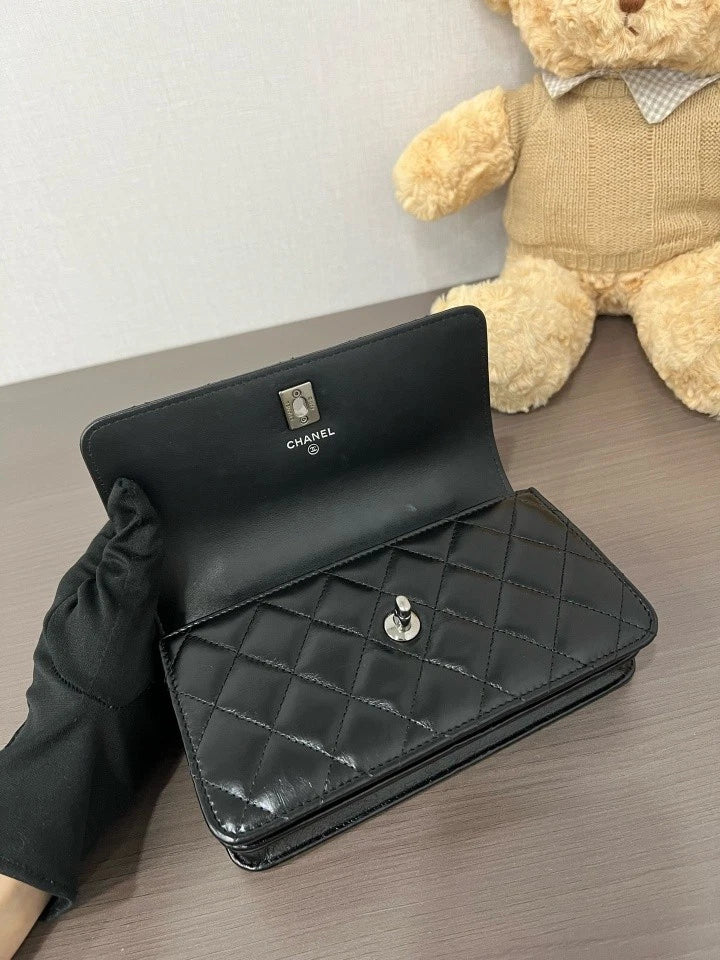 CHANEL 23K Black Silver Rhinestone Handle Accordion WOC Bag For Women