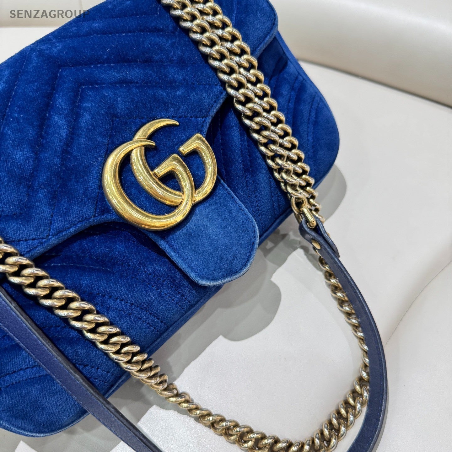 GUCCI GG Marmont 26 velvet Chain Shoulder bag Crossbody Blue Gold Women Classic