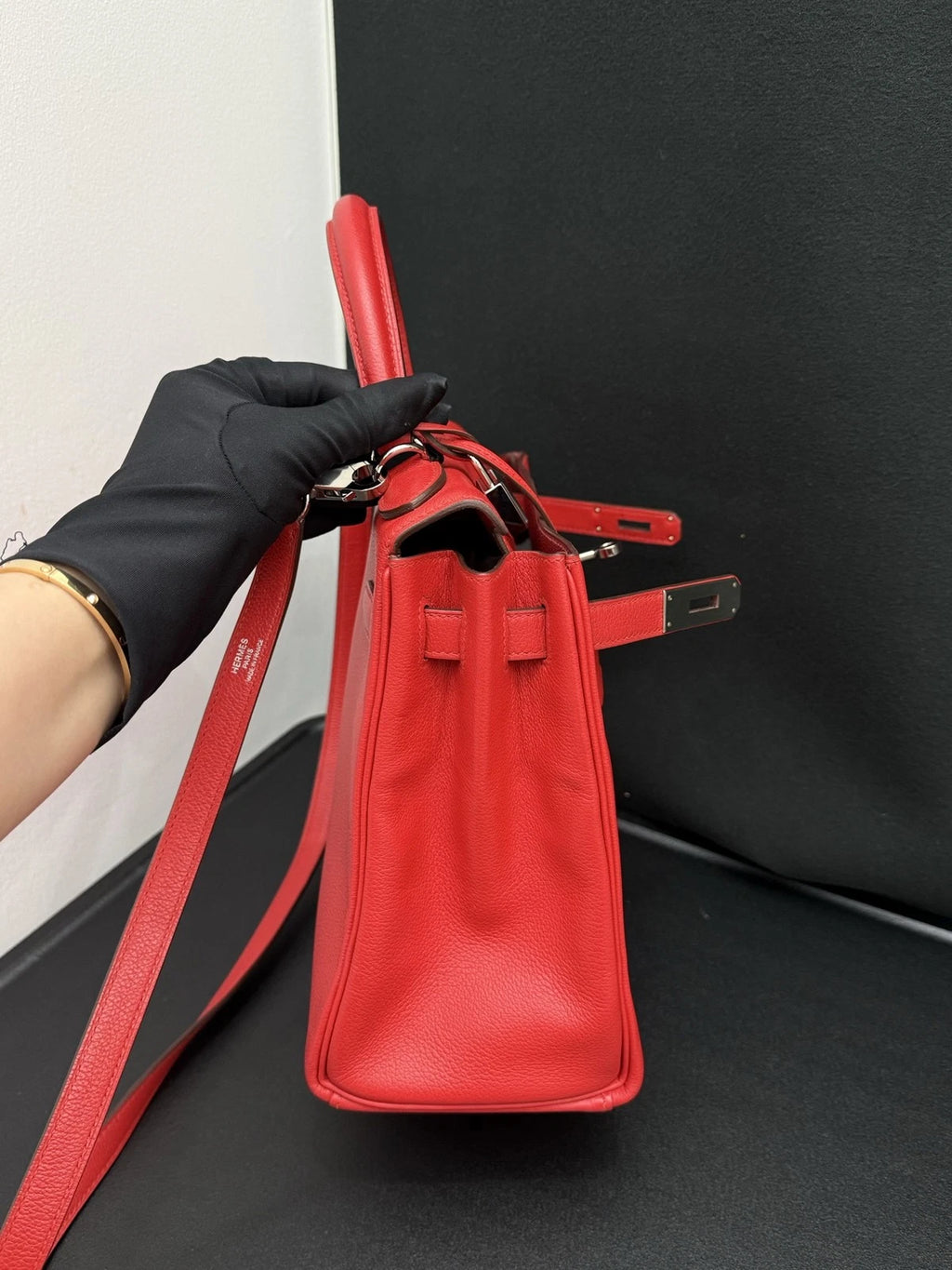 Hermes Kelly28 Evercolor Top Handle Bag Crossbody Red Silver Classic Women