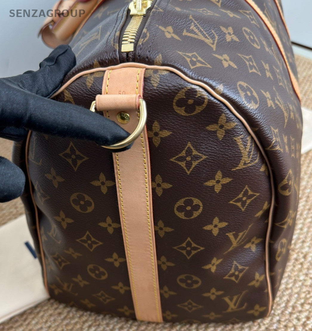 Louis Vuitton Keepall Monogram Duffel Handbag Brown Gold Unisex Adults Classic