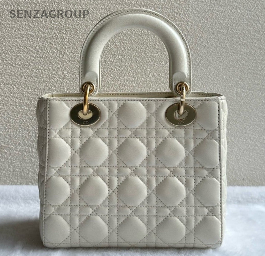 Christian Dior Lady Dior Lambskin Crossbody Top Handle Bag White Gold Women