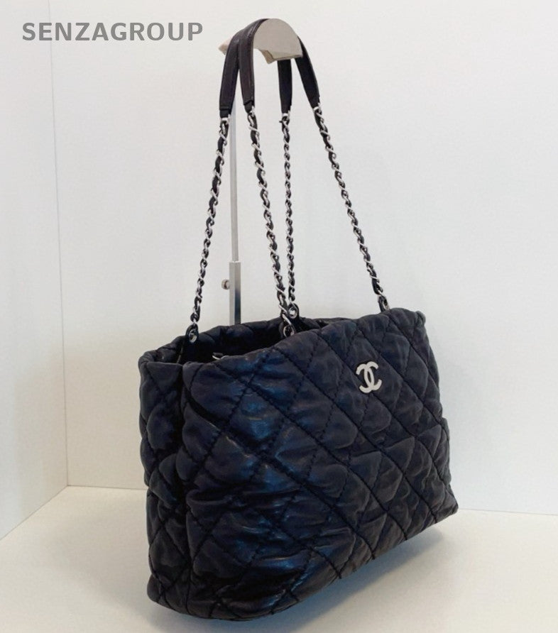 CHANEL Puffer Tote Calfskin Chain Shoulder bag Black Silver Women Classic