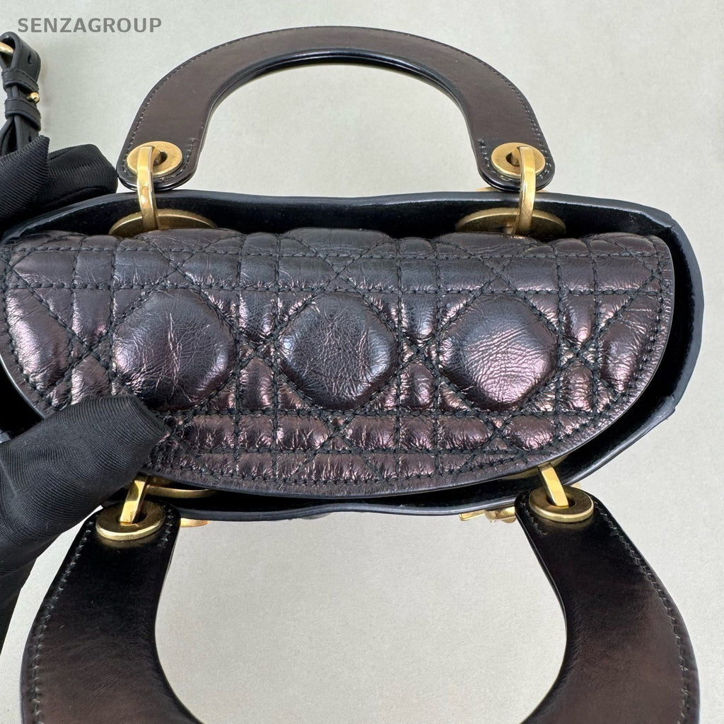 Christian Dior Lady Top Handle Oil wax leather 2way Shoulder bag Black Gold